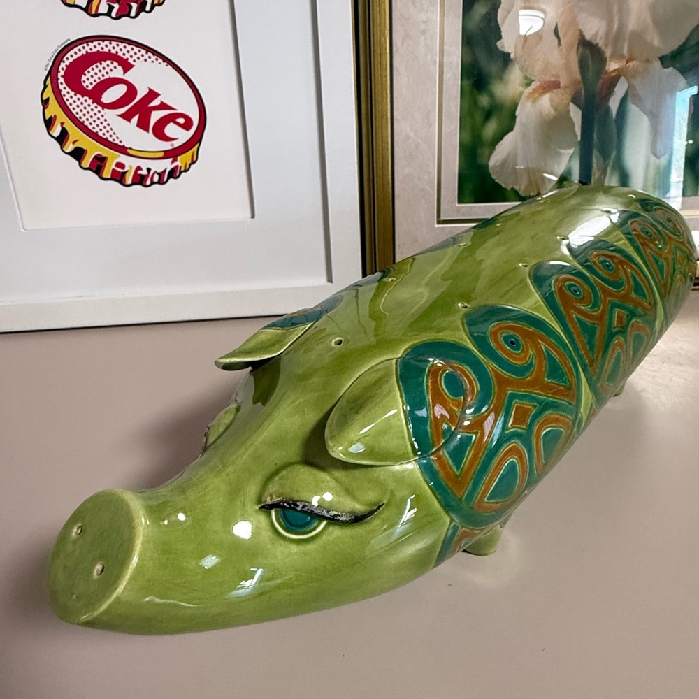 Green Ceramic Decorative Pig Figurine with Teal Accents - Picture 8 of 16